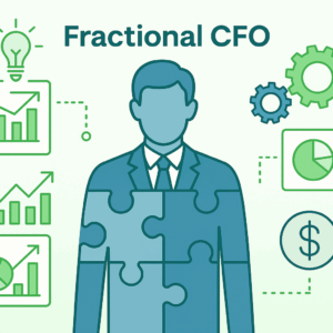 a puzzle-piece CFO figure of a man with green and blue icons for business strategy, analysis, and growth
