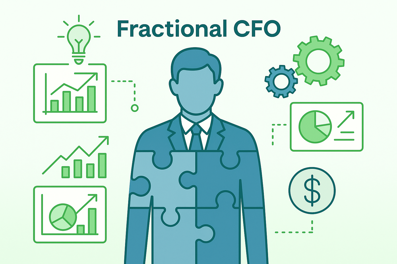 a puzzle piece CFO figure of a man with green and blue icons for business strategy analysis and growth The Best Outsourced CFO Services That Deliver Results and Profit
