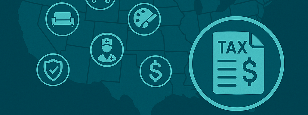 USA map outline and service icons related to sales tax for services Blog  Gnesist Accounting Firm